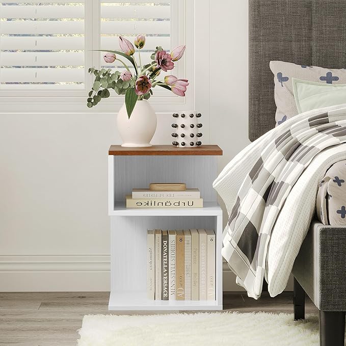 Tokyo S Minimalist 3 Tier End Table - Japanese-Inspired Bedside Table for Bedroom, Minimalist 3 Tier Wood Nightstand for Small Spaces with Open Storage