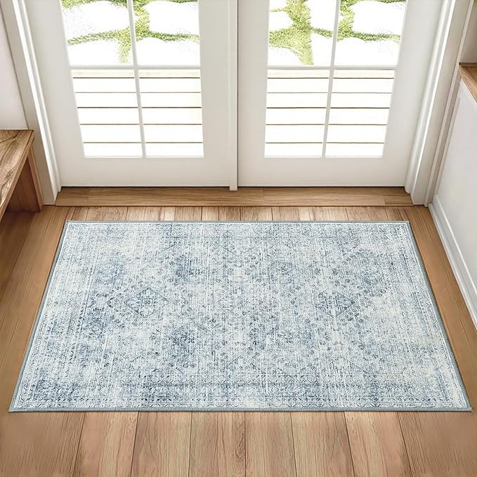 MIULEE 2x3 Washable Entry Rug Door Mat Indoor Entrance, Small Rug for Kitchen Bathroom Bedroom, Non-Slip Stain Resistant Throw Carpet Boho Entryway Decor, Blue