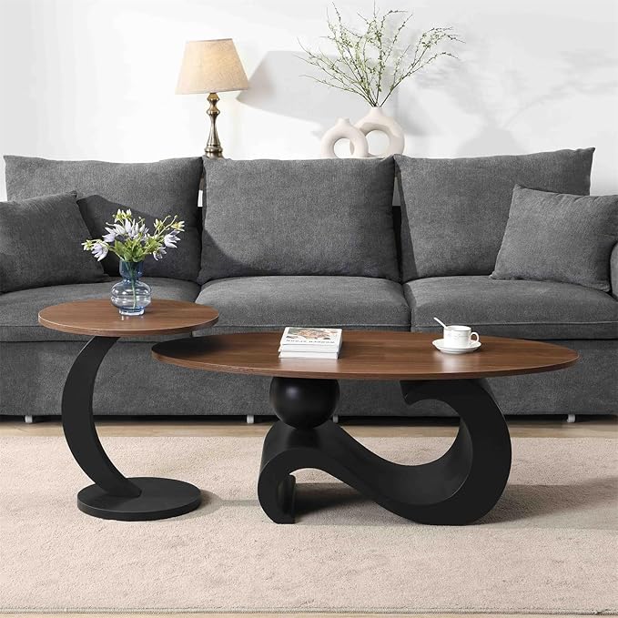 2 Piece Living Room Set, Modern Nest Coffee Table Set of 2, Wooden Brown Tabletop Oval Coffee and End Table Set with Black Metal Geometric Base