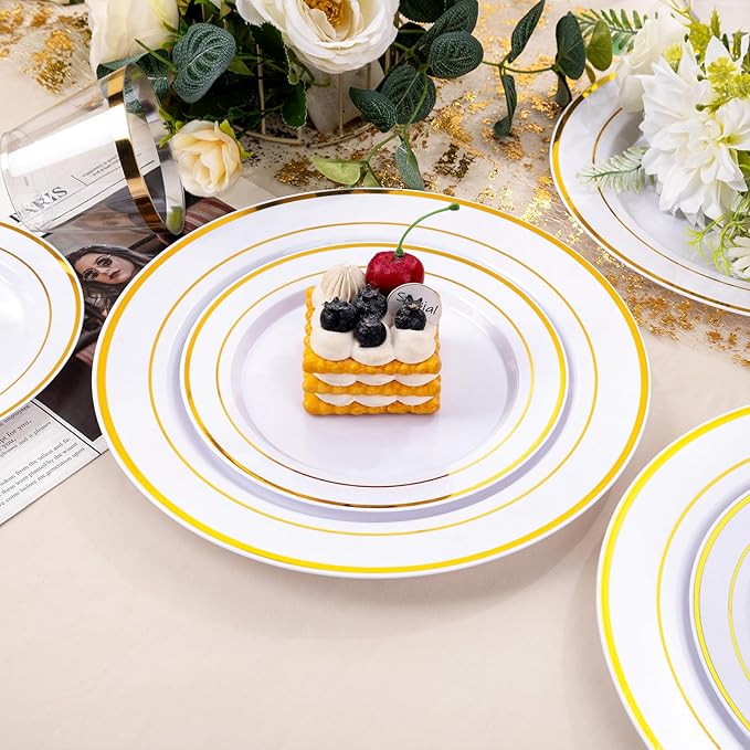 bUCLA 300PCS Gold Disposable Dinnerware Set - White and Gold Plastic Plates 50 Guests - Include 50 Dinner Plates,50 Dessert Plates,50 Knives,50 Forks,50 Spoons,50 Cups for Party, Fall & Thanksgiving