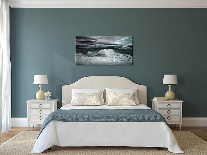 Ocean Storm Waves Large Stretched Canvas Wall Art For Living Room Bedroom Home Decoration, Mordern Sea Seascape Print Picture Painting Decor Giclee Artwork, Gallery Wrapped Gift, Inner Frame(30x60)