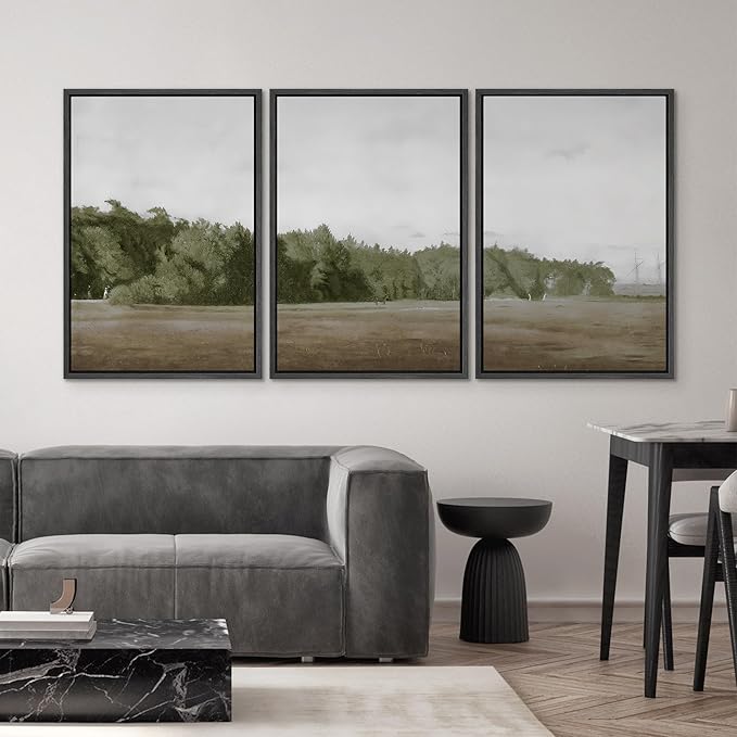 SIGNWIN Framed Canvas Print Wall Art Set Cloudy Sky Over Green Forest Clearing Nature Wilderness Illustrations Modern Art Chic Landscape for Living Room, Bedroom, Office - 24"x36"x3 Black
