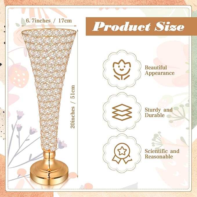 Rtteri 4 Pcs 20 Inch Tall Crystal Vase for Centerpieces Wedding Metal Crystal Trumpet Flower Vase Stand for Table Floor Wedding Party Favor Banquet Celebration, Classic Elegance(Gold)