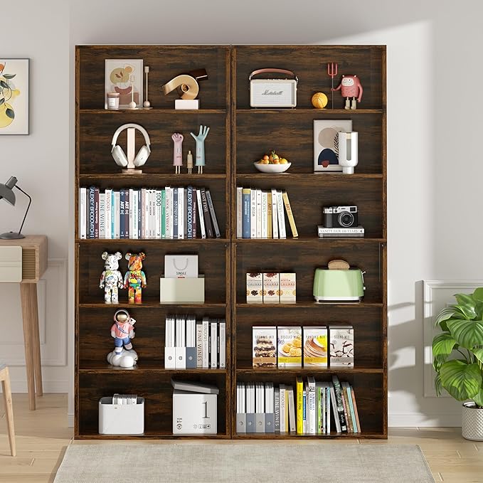 Vongrasig 6-Tier Open Bookcase and Bookshelf, Floor Standing Wood Display Storage Shelves 71 Inch Tall Bookcase Home Decor Furniture for Home Office, Living Room, Bed Room, Rustic Brown, 2 Pieces