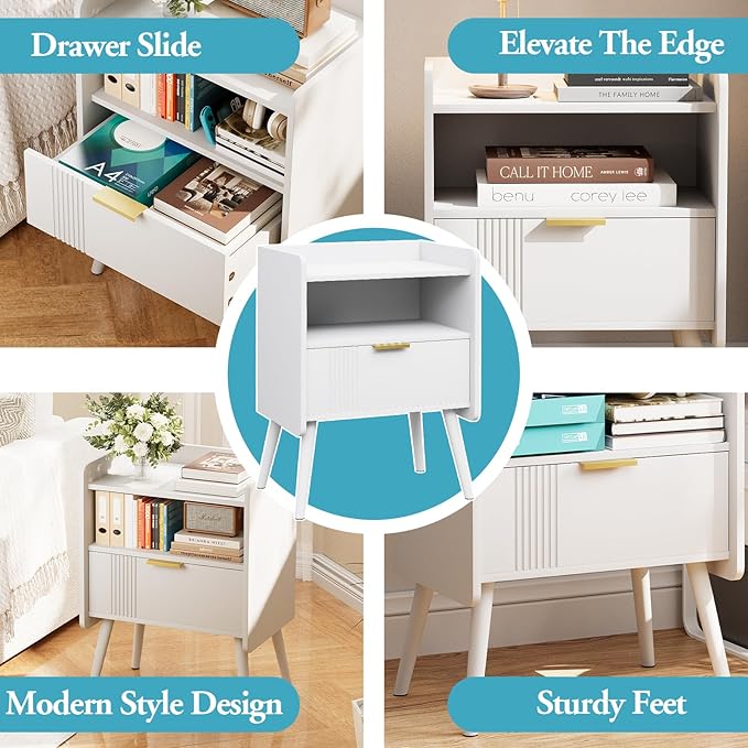 Night Stand Modern End Table with Storage Drawer and Open Shelf, Small Bedside Table, Wooden Sofa Side Stand for Bedroom,Study Room and Small Spaces (White)