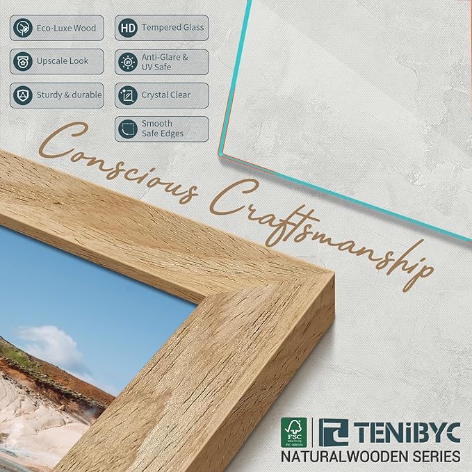 11x14 Picture Frame Set - 4 Pack, Natural Solid Wood, HD Tempered Glass, Elegant Wood Grain, Wall Gallery Photo Frame