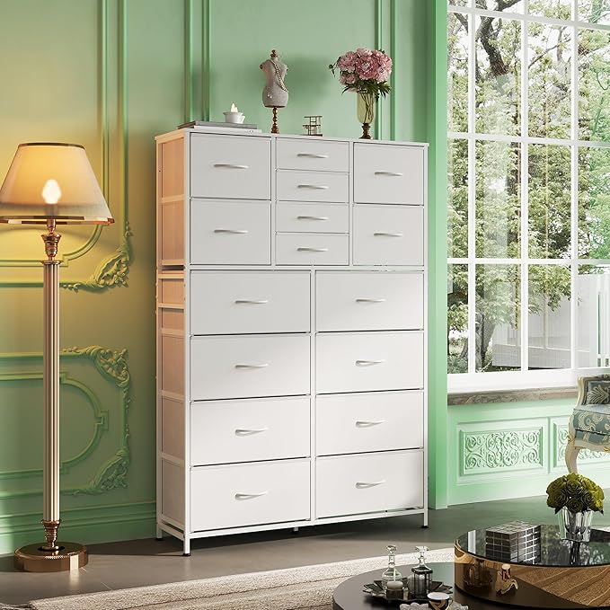 WLIVE Tall Console Table with 16 Fabric Drawers, Entryway Table with Storage, Large Storage Organizer with Wood Top, Steel Frame for Living Room, Hallway, Office, White
