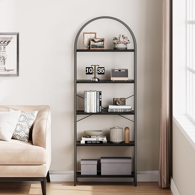 IDEALHOUSE Bookshelf 5 Tier Bookcase Arched Display Racks Tall Standing Bookshelves Metal Frame Open Storage Rack Shelf Large Black Book Shelf for Bedroom, Living Room, Home Office