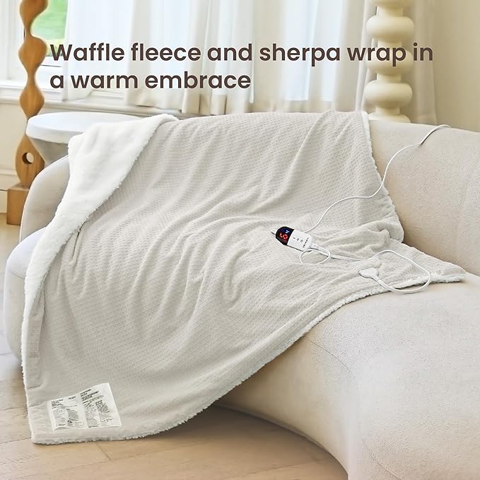 Heated Blanket Electric Throw Waffle, 50x60 Inches Sherpa Fleece Fast Heating Blanket 6 Heating Levels & 4 Hours Auto Off ETL Certification,Beige Throw