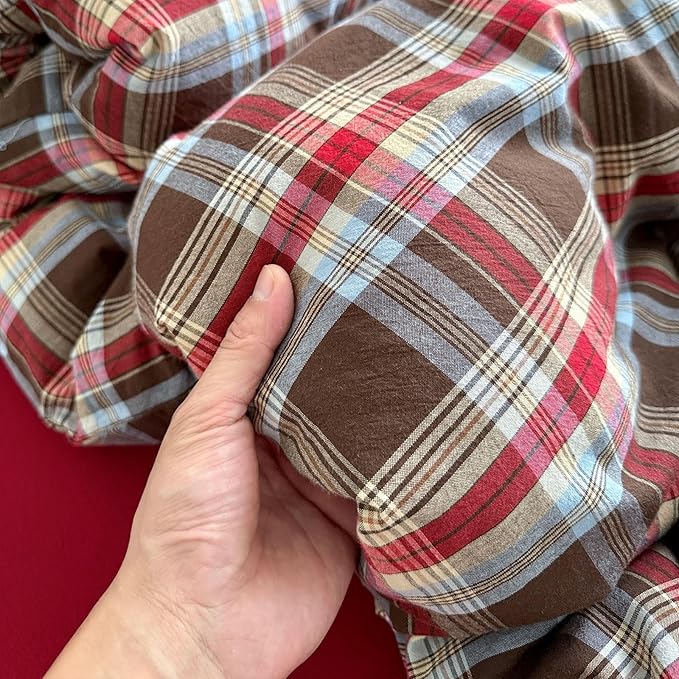 VM VOUGEMARKET Buffalo Gingham Duvet Cover Set Queen,3 Pieces Washed Cotton Bedding Set,Breathable Luxury Plaid Duvet Cover with Zipper Closure(Red&Brown)