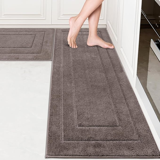 PURRUGS Machine Washable Kitchen Rug Set [2 PCS] (24" x 35.5"+ 24" x 59"), Non-Slip/Skid Kitchen Runner Rugs & Floor Mats, Super Absorbent Soft Standing Mats for Kitchen, Laundry & Sink, Grayish Brown
