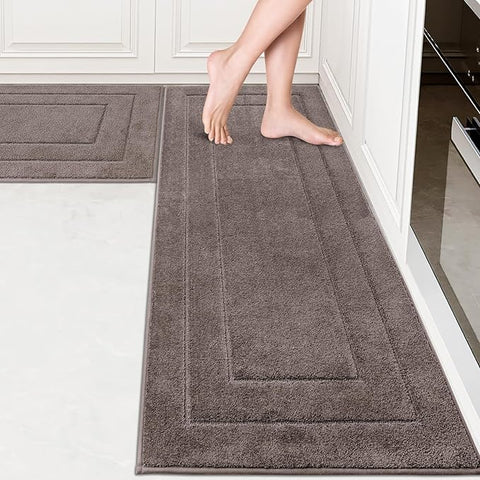 PURRUGS Machine Washable Kitchen Rug Set [2 PCS] (24" x 35.5"+ 24" x 59"), Non-Slip/Skid Kitchen Runner Rugs & Floor Mats, Super Absorbent Soft Standing Mats for Kitchen, Laundry & Sink, Grayish Brown