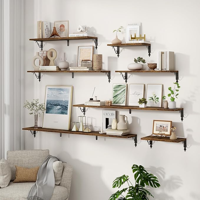 16 Inch Deep Floating Shelves for Wall, 8 Inch Deep Floating Shelf with Bracket, Wall Shelves 16 Inches Long, Wide Display & Storage Shelves for Living Room, Bathroom, Bedroom, Rustic Brown, Set of 2
