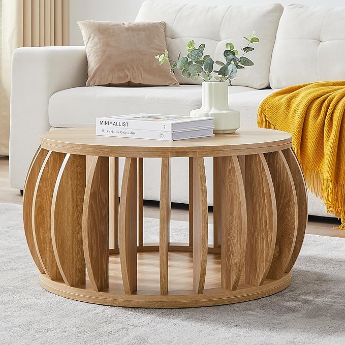 Drum Coffee Table with Storage,31.5” Wood Round Coffee Table,Farmhouse Pumpkin-Shaped Center Table for Living Room Home Office Natural