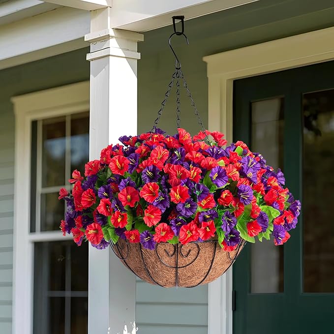 Artificial Hanging Flowers in 12 inch Basket, Faux Silk Petunias Flower Arrangement,Coconut Lining with Morning Glories Fake Plants Patio Garden Porch Deck Spring Summer Decor(Purple and Red)