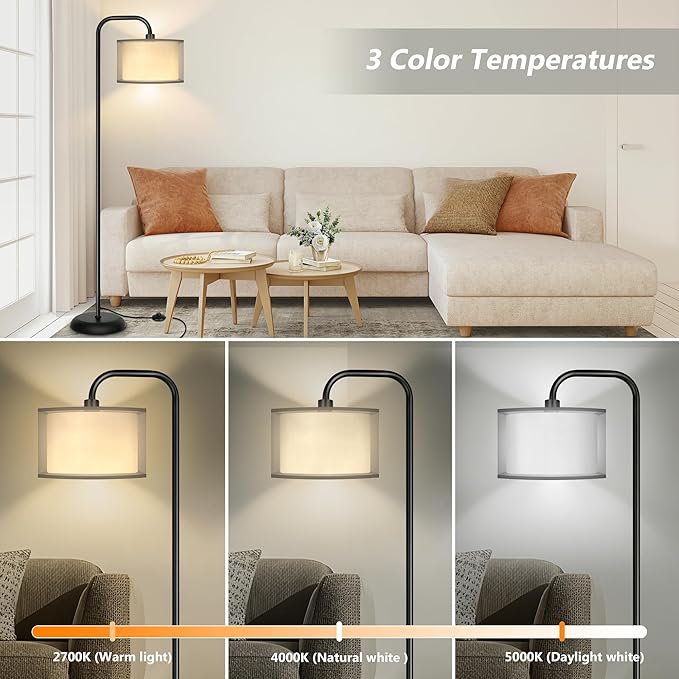 PARTPHONER LED Floor Lamp for Living Room, Modern Standing Lamp with Foot Switch Grey Organza Fabric Shade Tall Pole Reading Lamp for Bedroom Study Room Office, 9W Bulb Included