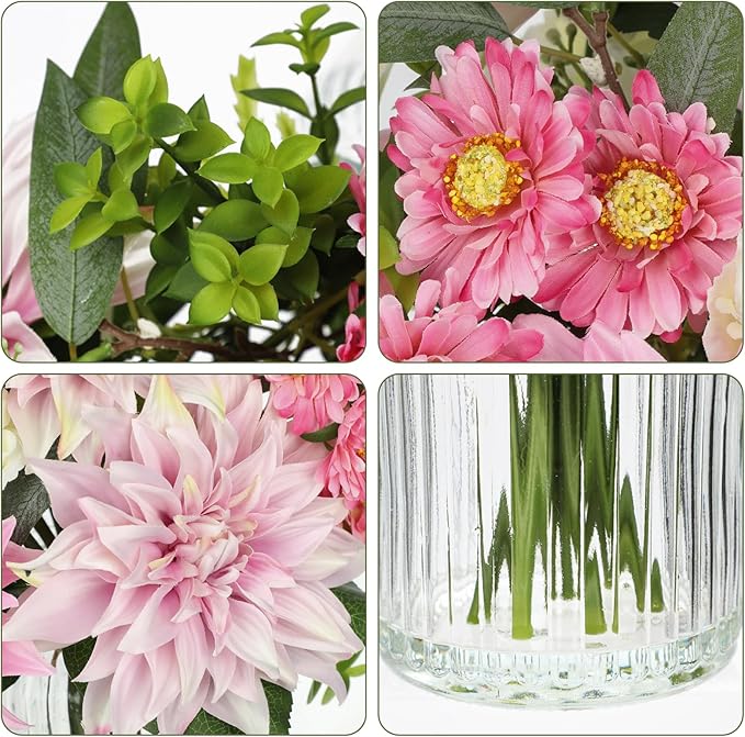 Briful Artificial Flower Arrangement with Glass Vase, 12.5" Faux Dahlia Silk Flowers Centerpiece Table Decorations Pink Mixed Floral Bouquet for Home Office Dining Room Coffee Table Wedding Decor