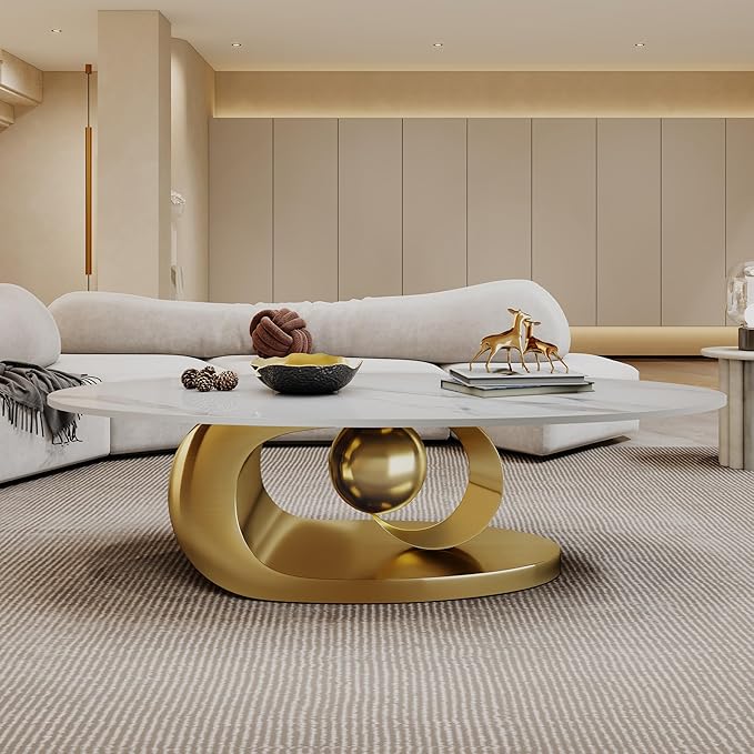 Modern Oval Sintered Stone Coffee Table, 49.2" White and Gold Rectangle Coffee Table with Faux Marble Top & Golden Geometric Stainless Steel Base, Rectangle Tea Center Table for Living Room