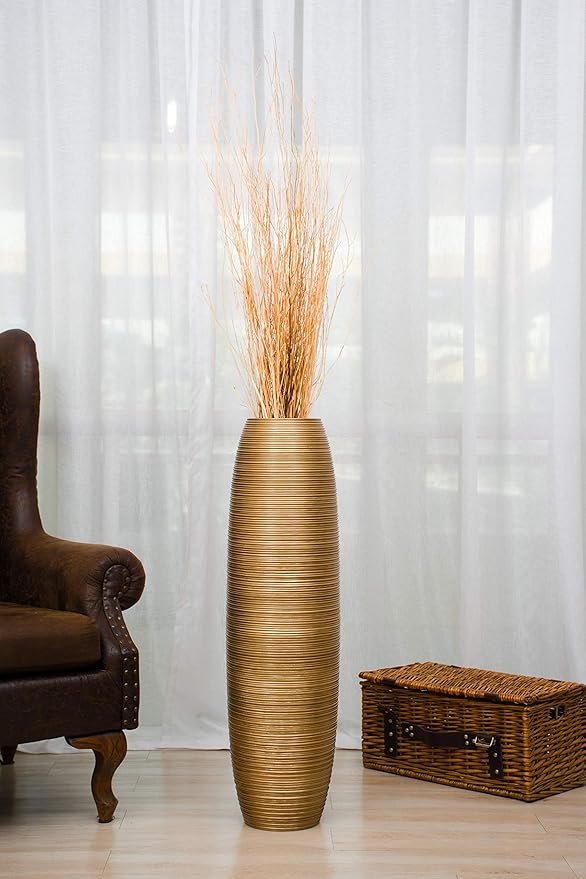 Leewadee Large Gold Home Decor Floor Vase – Wooden 34 inches Tall Farmhouse Decor Flower Holder for Fake Plant and Pampas Grass