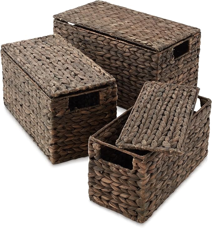 Casafield Set of 3 Water Hyacinth Storage Baskets with Lids, Espresso - Small, Medium, Large Woven Nesting Bins for Bathroom, Bedroom, Closets, Shelves