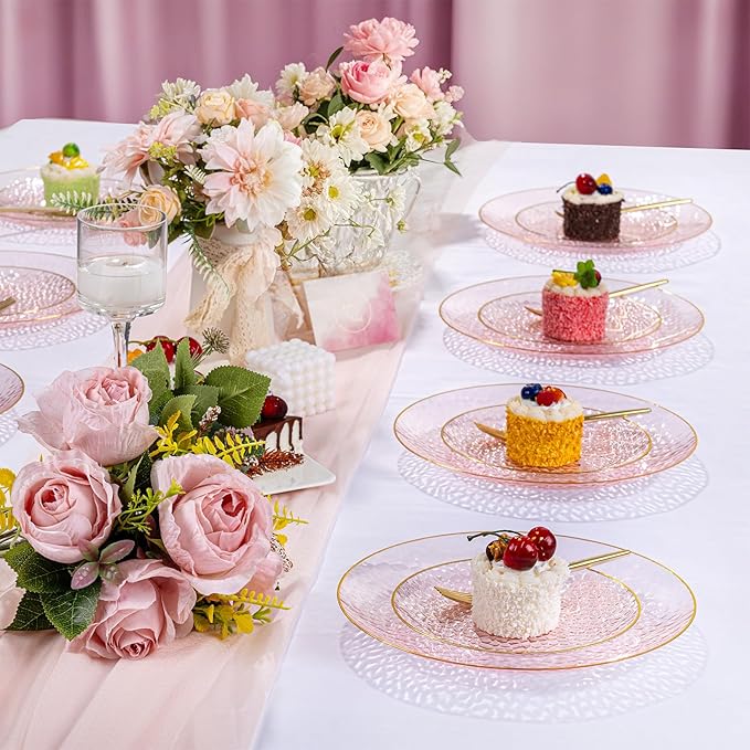 DaYammi 240Pcs Pink Plastic Plates Including 120Pcs Pink Dessert Plates and 120Pcs Gold Plastic Forks,Hammered Party Plate,pink and Gold Appetizer plates Heavy duty Disposable Plate for All Occasions