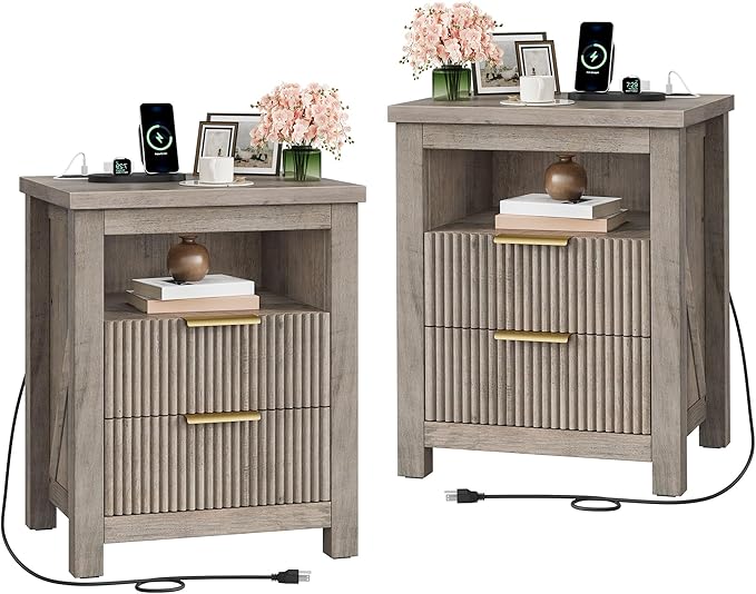 Fluted Nightstand Set of 2, End Table with Charging Station and 2 Drawers, Farmhouse Nightstands with Fluted Panel, Engineered Wood Side Table for Bedroom Greige MBZ06UP2FH