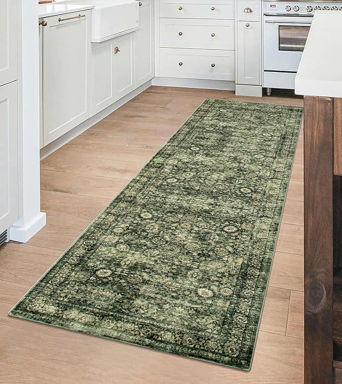 Morebes Vintage Kitchen Runner Rugs Non Skid Washable, Floral Boho 2x8 Runner Rug, Non Shedding Runner Rugs for Hallway Indoor Floor Carpet Runner for Laundry Room Bedroom, Grayish Green