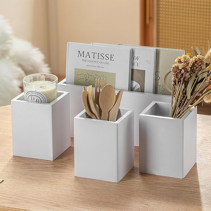 PTSTING Silverware Caddy White Wood Flatware Holder Paper Plate Dispenser Silverware Utensil Caddy Cutlery Flatware Organizer Box for Spoons Forks Plates Napkins