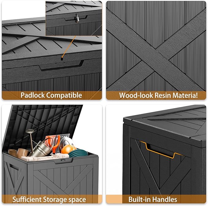 32 Gallon Deck Box,Resin Outdoor Storage Box with Lockable for Patio Furniture, Pool Accessories, Garden Tools, Waterproof Outside Storage Box, Black