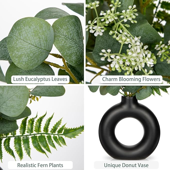 Artificial Eucalyptus Stems in Ceramic Vase 14.23" Fake Eucalyptus Plant Decor Black Donut Vase with Greenery Centerpiece Table Decorations Small Faux Green Plant for Home Farmhouse Wedding Table