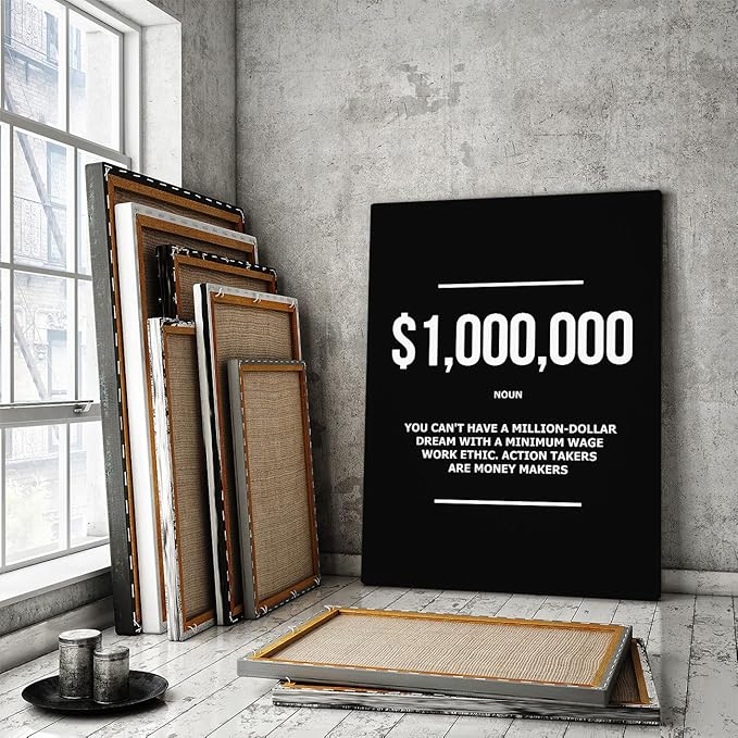 SuccessHunters 1 Million Dollar Definition Wall Art Motivational Office Decor Millionaire Canvas Print, Money Modern Art Print, $1,000,000 Financial Artwork, Money Never Sleeps Canvas (18" x 12" in)