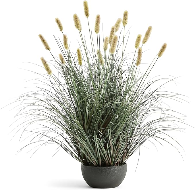 3ft Onion Grass, Artificial Plant and Greenery, Fake Floor Plants Indoor Outdoor, Potted Faux Green Bristlegrass with Yellow Spikes, Horsetail Reed Grass, House Decorative