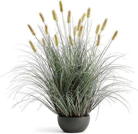 3ft Onion Grass, Artificial Plant and Greenery, Fake Floor Plants Indoor Outdoor, Potted Faux Green Bristlegrass with Yellow Spikes, Horsetail Reed Grass, House Decorative