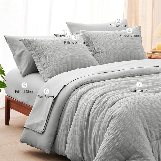 CozyLux Full Bed in a Bag Light Grey Seersucker Textured Comforter Set with Sheets 7-Pieces All Season Bedding Sets with Comforter, Pillow Sham, Flat Sheet, Fitted Sheet and Pillowcase