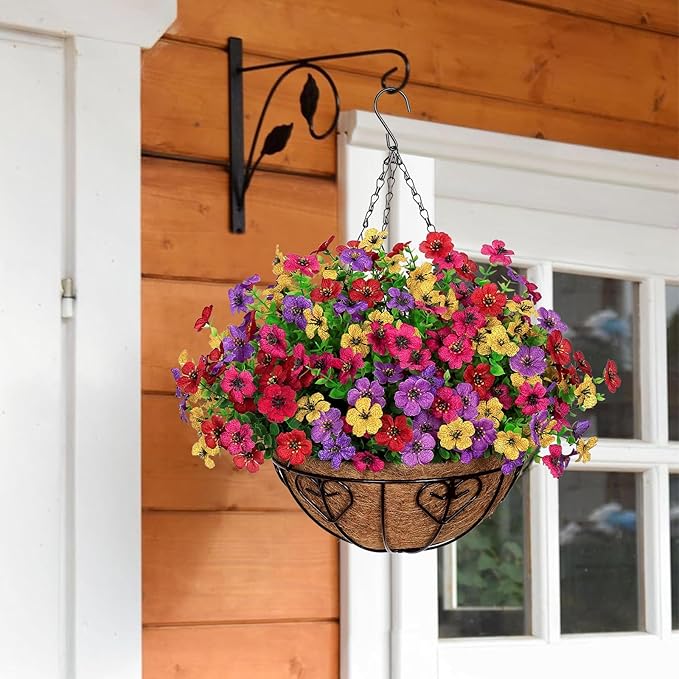 Alynsehom 2 Set Artificial Flowers with Hanging Basket, 2 Outdoor Hanging Plants with 24pcs Faux UV Resistant Fake Silk Azalea in Baskets for Porch Garden Patio Balcony Yard Home Decor(4 Colors)