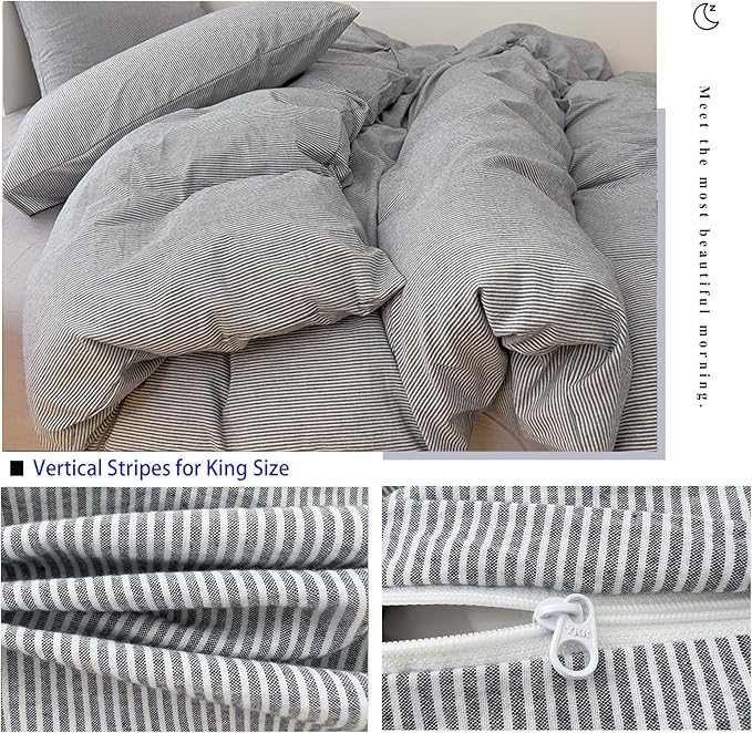 VM VOUGEMARKET Washed Cotton Grey Striped Duvet Cover Set King,Pinstripes Duvet Cover with 2 Pillowcases Modern Simple Farmhouse Style Bedding Set-Vertical Stripes