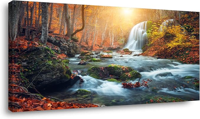Autumn Waterfall Large Stretched Canvas Wall Art For Living Room Bedroom Home Decoration,Mordern Forest River Print Picture Painting Decor Giclee Artwork,Gallery Wrapped Gift,Inner Frame(30x60)