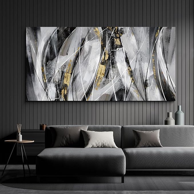 KLAKLA Abstracr Wall Art for Office - Black Wall Decor Gold White Gray Abstracr Canvas Wall Art - Bedroom Art Painting Picture Artwork for Wall - 20x40 Inches