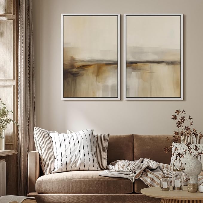 MUDECOR Framed Canvas Print Wall Art Set Abstract Beige and Brown Gradient Neutral Minimalist Landscape Illustrations Modern Art Decorative Calm for Living Room, Bedroom, Office - 16"x24"x2 White
