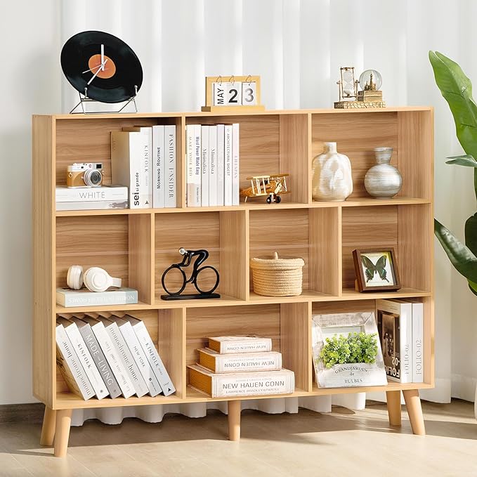 LEYAOYAO 10 Cube Bookshelf,3 Tier 55.12" Wide Boho Bookcase with Legs,Mid-Century Wood Bookshelves Storage,Natural Large Book Case,Freestanding Organizer Display Shelf for Bedroom,Living Room,Office