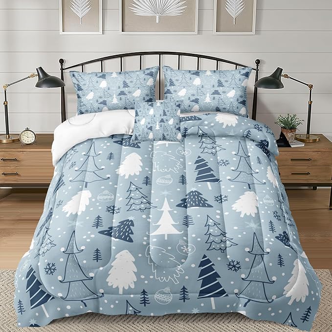 Bedorm Christmas Tree Bedding Comforter Blue Winter Comforter Set Blue White Snowflake Xmas Tree Holiday Decor Cute Christmas Quilt Comforter Set King Size
