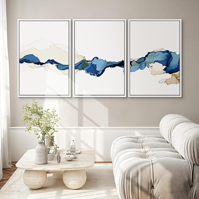 SIGNWIN 3 Piece Framed Canvas Wall Art Blue and Brown Watercolor Nature Wilderness Illustrations Abstract Traditional Relax/Calm Home Artwork Decoration for Living Room,Bedroom - 24"x36"x3 White