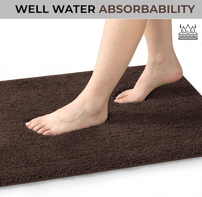 YHF Bathroom Rugs 17" X 24", Extra Thick & Soft Microfiber Shaggy, Machine Washable Bath Mats, Absorbent Bath Rugs, Non-Slip Rubber Backing Bath Mat for Bathroom Floor, Tub and Shower, Brown