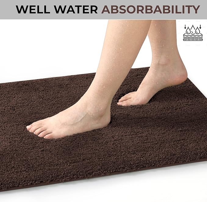YHF Bathroom Rugs 24" X 47", Extra Thick & Soft Microfiber Shaggy, Machine Washable Bath Mats, Absorbent Bath Rugs, Non-Slip Rubber Backing Bath Mat for Bathroom Floor, Tub and Shower, Brown