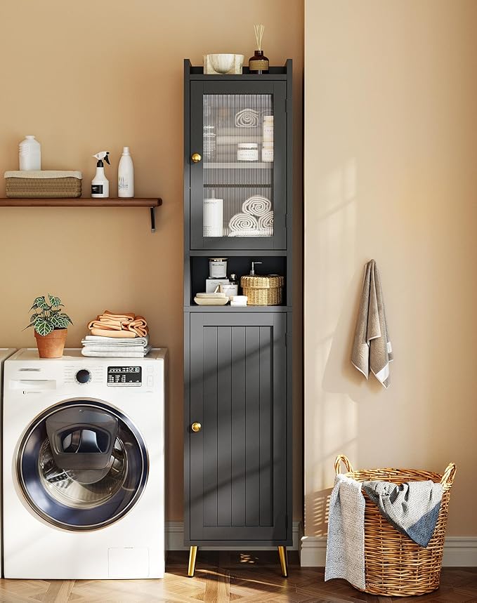 69'' Tall Bathroom Storage Cabinet with 2 Adjustable Shelves, Black 6 Tier Narrow Bathroom Cabinet with 2 Doors, Slim Linen Cabinets for Brathroom,Home Office,Wood