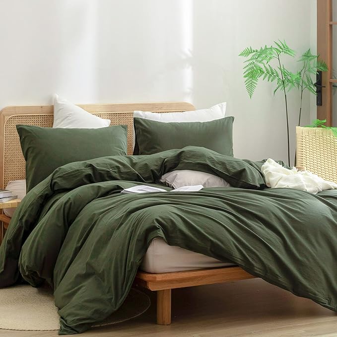 BESTOUCH Duvet Cover Set 100% Washed Cotton Linen Feel Super Soft Comfortable Chic Lightweight 3 PCs Home Bedding Set Solid Olive Green Cal King