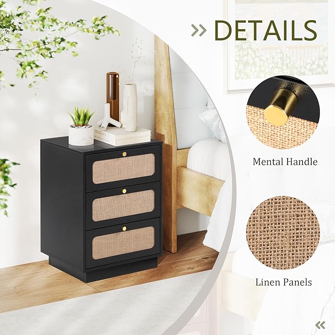 Nightstand with 3 Linen Drawers, Mid Century Modern Night Stand with Linen Drawers & Stable Legs, Wood Rustic Bedside Table End Table Side Table for Bedroom, Black