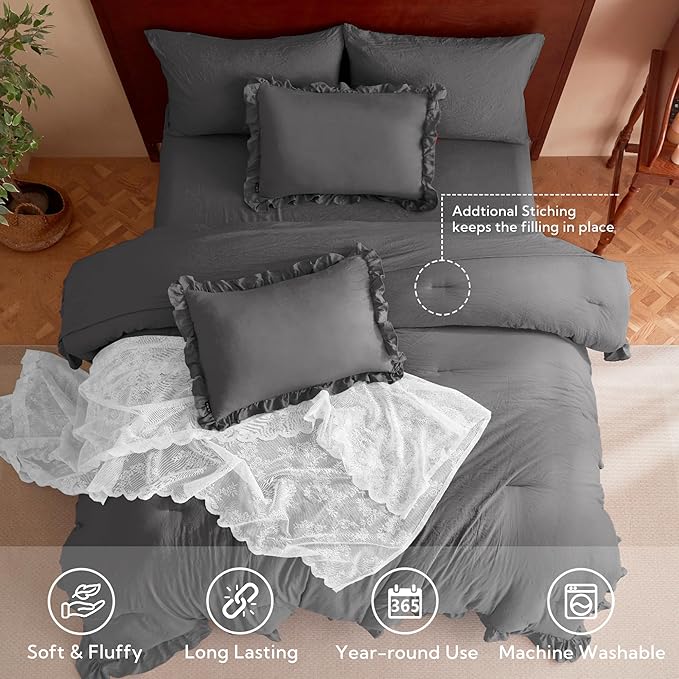 MR&HM Ruffle Comforter Set, Queen Bedding Set 7 Pieces Dark Grey, Farmhouse Shabby Chic Bed Set, Boho Bed in a Bag with 1 Comforter, 1 Flat Sheet, 1 Fitted Sheet, 2 Pillowcases & 2 Pillow Shams