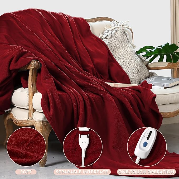 Electric Blanket 72'' x 84'' Full Size Soft Heated Blanket with 4 Levels of Heat ＆ 10 Hour Auto Off, Machine Washable - Wine Red