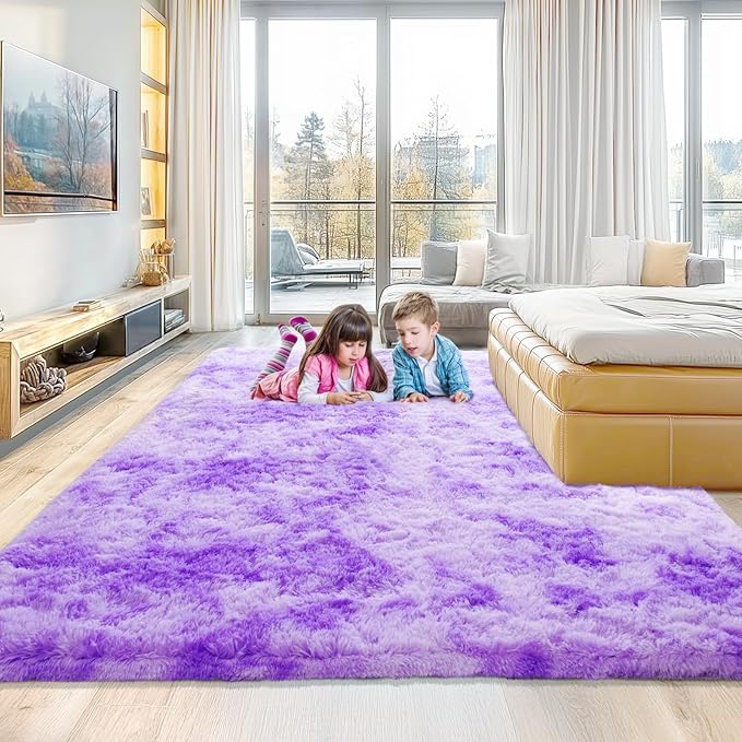 6x9 Tie Dyed Purple Large Plush Area Rugs for Living Room, Shag Fuzzy Rug for Bedroom, Ultra Soft Fluffy Furry Carpets for Kids Room, Indoor Carpet Nursery Rugs for Kids Room Home Decor